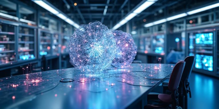 AI research and development laboratory showcasing cutting-edge neural network models